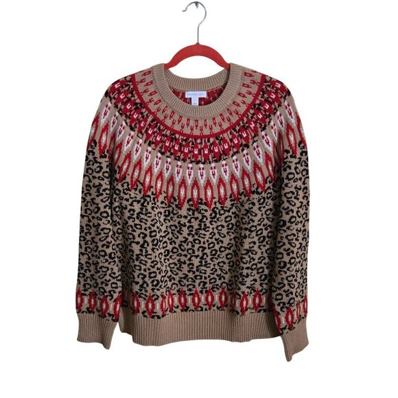 Charter Club Leopard Red Gold Fairisle Cotton Blend Pullover Sweater Size L - Picture 2 of 9